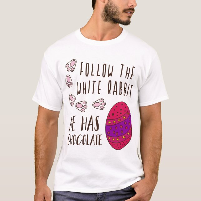 Easter Follow The White Rabbit Funny Humorous T-Shirt (Front)