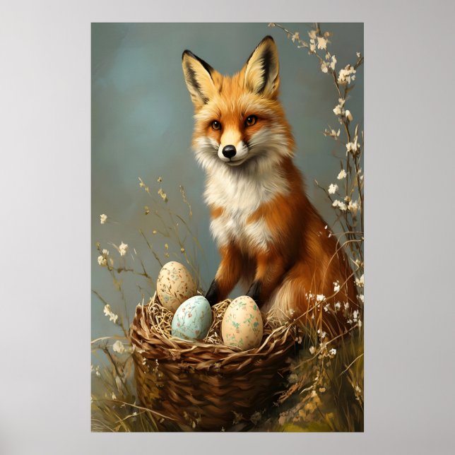 Easter Fox Print, Woodland Nursery, Rustic Spring Poster (Front)