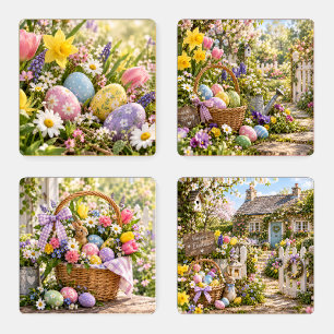 Easter Garden with Colorful Eggs Coaster Set