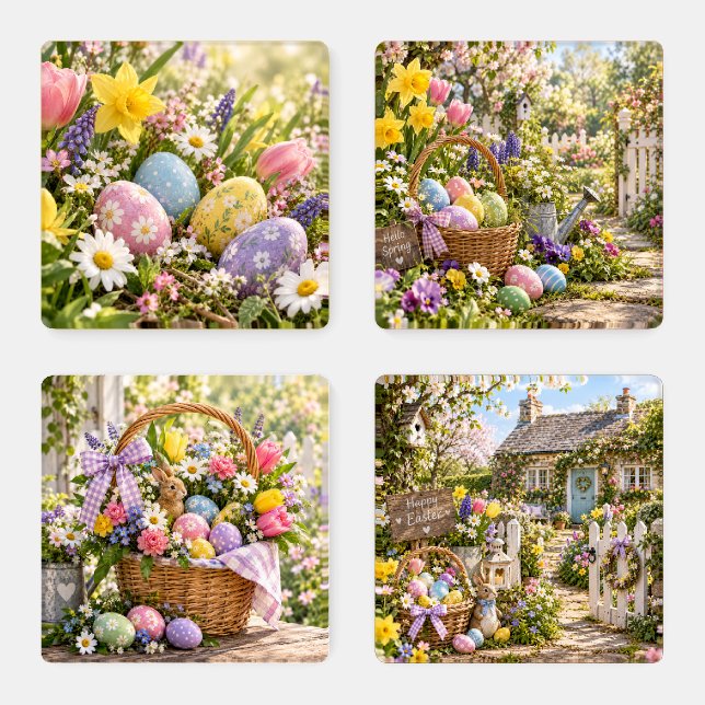 Easter Garden with Colorful Eggs Coaster Set (Set)