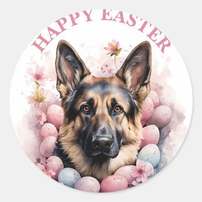 Easter German Shepherd  Eggs and Flowers -   Classic Round Sticker (Front)
