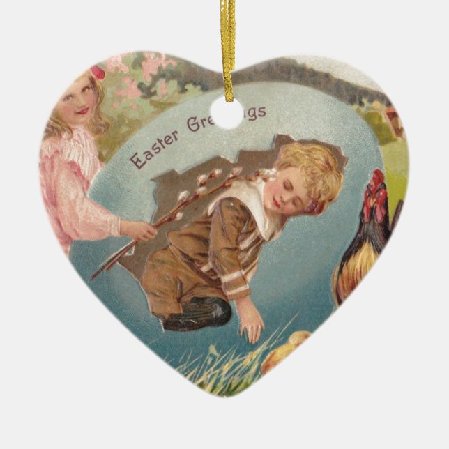 Easter Girl and Boy Victorian Antique Postcard Ceramic Ornament (Front)