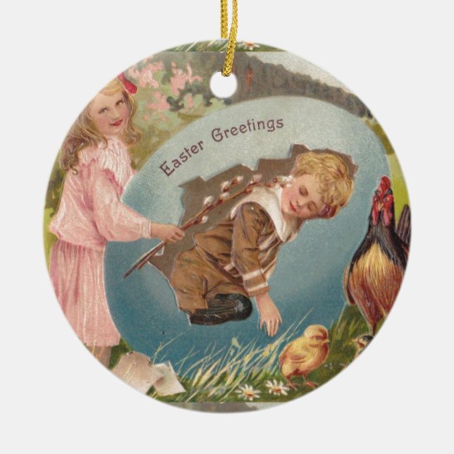 Easter Girl and Boy Victorian Antique Postcard Ceramic Ornament (Front)