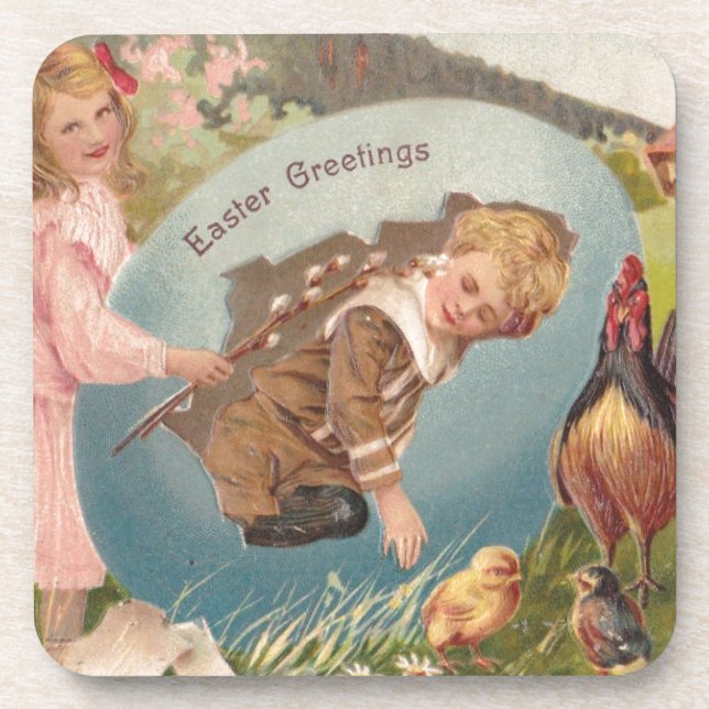 Easter Girl and Boy Victorian Antique Postcard Coaster (Front)