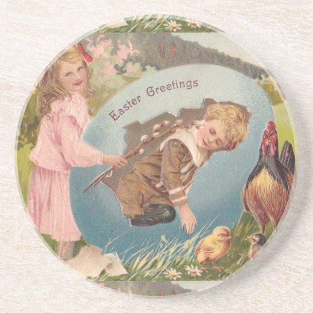Easter Girl and Boy Victorian Antique Postcard Drink Coaster (Front)