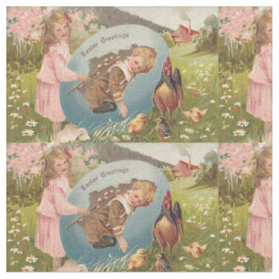 Easter Girl and Boy Victorian Antique Postcard Fabric