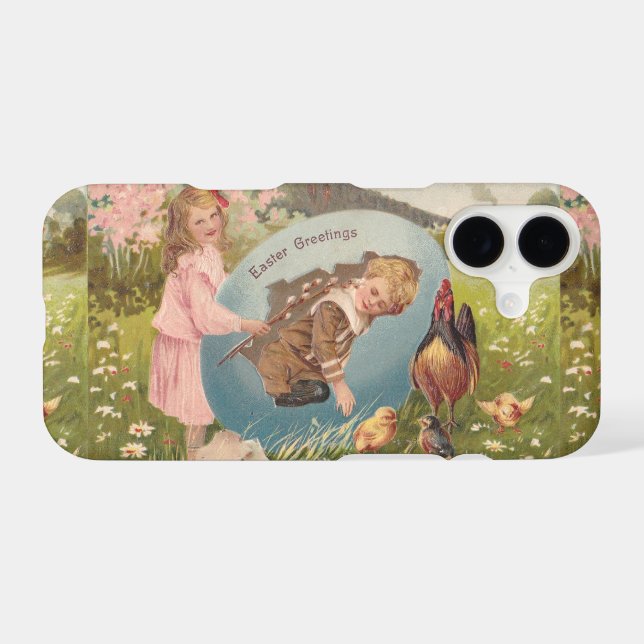 Easter Girl and Boy Victorian Antique Postcard iPhone Case (Back Horizontal)