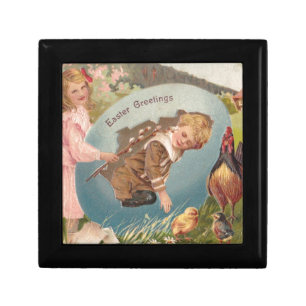 Easter Girl and Boy Victorian Antique Postcard Jewelry Box