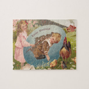 Easter Girl and Boy Victorian Antique Postcard Jigsaw Puzzle