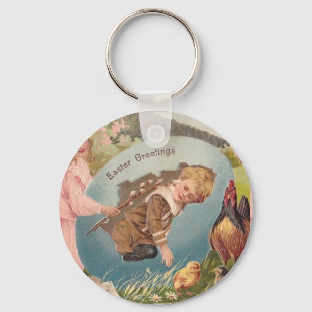Easter Girl and Boy Victorian Antique Postcard Keychain (Front)