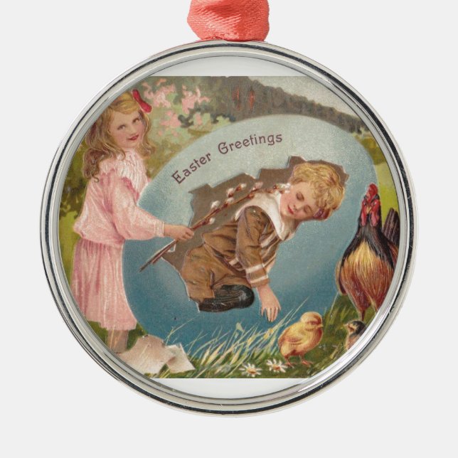 Easter Girl and Boy Victorian Antique Postcard Metal Ornament (Front)