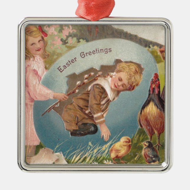 Easter Girl and Boy Victorian Antique Postcard Metal Ornament (Front)