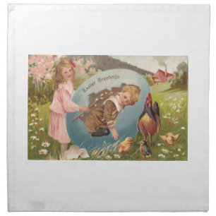 Easter Girl and Boy Victorian Antique Postcard Napkin