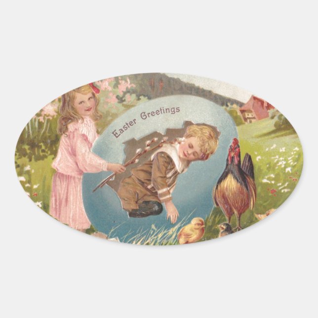 Easter Girl and Boy Victorian Antique Postcard Oval Sticker (Front)