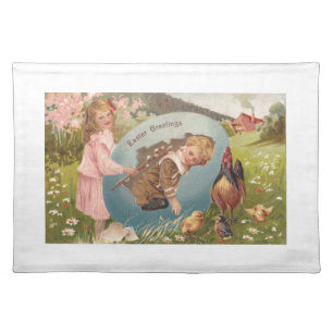 Easter Girl and Boy Victorian Antique Postcard Placemat