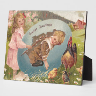 Easter Girl and Boy Victorian Antique Postcard Plaque