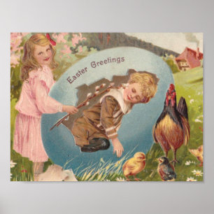 Easter Girl and Boy Victorian Antique Postcard Poster