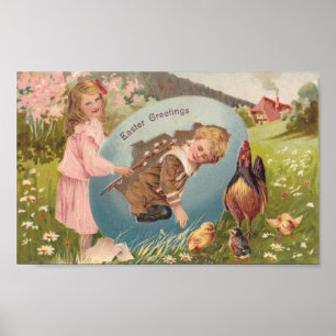 Easter Girl and Boy Victorian Antique Postcard Poster