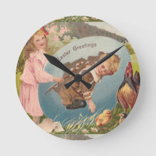 Easter Girl and Boy Victorian Antique Postcard Round Clock