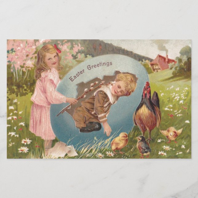 Easter Girl and Boy Victorian Antique Postcard Stationery (Front)
