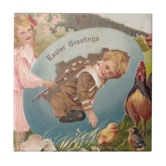Easter Girl and Boy Victorian Antique Postcard Tile (Front)