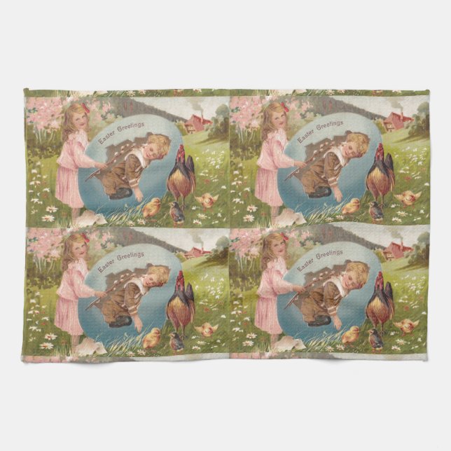 Easter Girl and Boy Victorian Antique Postcard Towel (Horizontal)