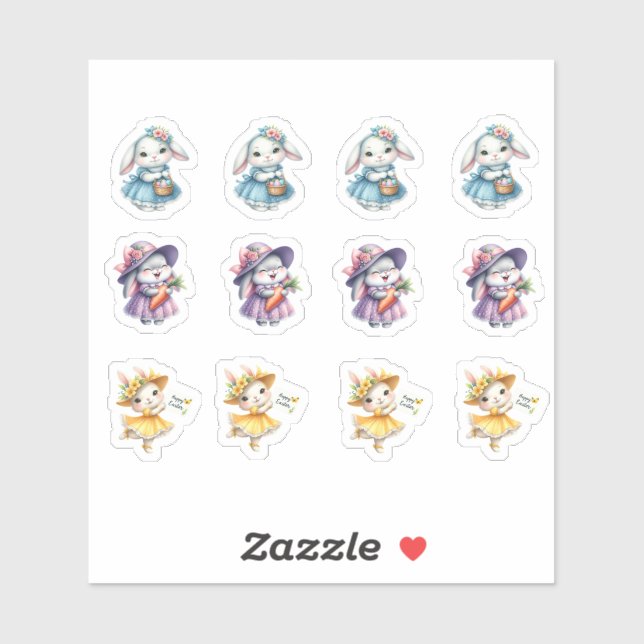 Easter Girl Bunnies In Pretty Dresses Sticker (Sheet)