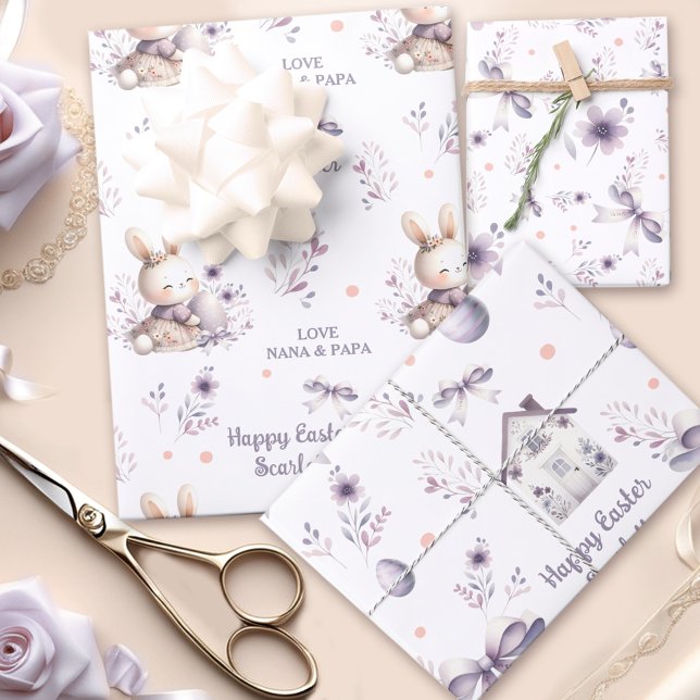 Easter Girl Bunny Personalized Name Purple Wrapping Paper Sheets (Easter Girl Bunny Personalized Name Purple Wrapping Paper Sheets)