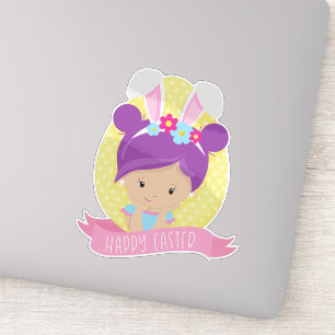 Easter Girl, Easter Egg, Purple Hair, Bunny Ears Sticker
