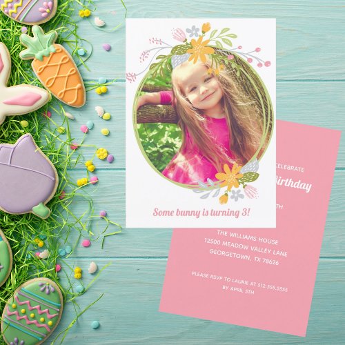 Easter Girl Photo Cute Pink Floral Birthday Party Invitation