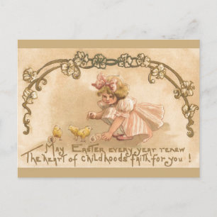 Easter- Girl Pink Dress Chicks - Antique Postcard