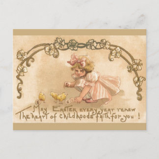 Easter- Girl Pink Dress Chicks - Antique Postcard