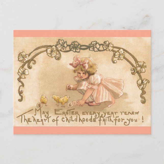 Easter- Girl Pink Dress Chicks - Antique Postcard (Front)