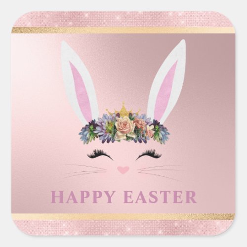 Easter Girly Blush Pink Floral Bunny Square Sticker