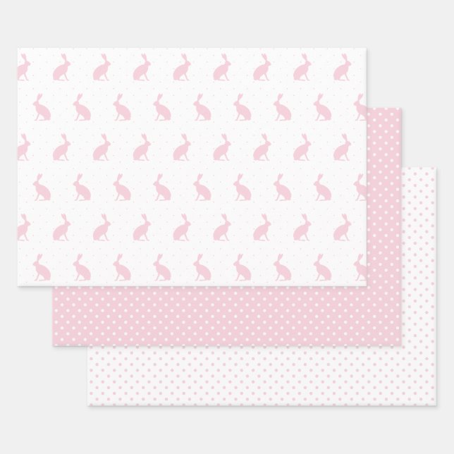 Easter Girly Pink Bunnies and Polka Dots Pattern. Wrapping Paper Sheets (Set)