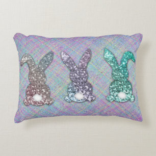 Easter Glitter Pastel Glam Bunnies On Plaid Accent Pillow