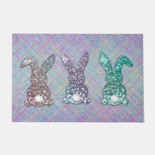 Easter Glitter Pastel Glam Bunnies On Plaid  Doormat