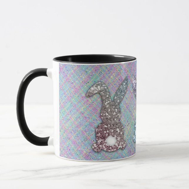 Easter Glitter Pastel Glam Bunnies On Plaid  Mug (Left)
