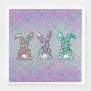 Easter Glitter Pastel Glam Bunnies On Plaid  Paper Dinner Napkins