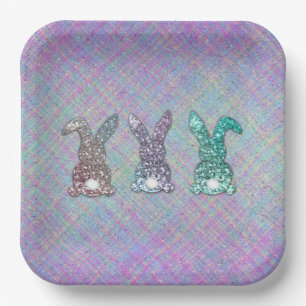 Easter Glitter Pastel Glam Bunnies On Plaid Paper Plates