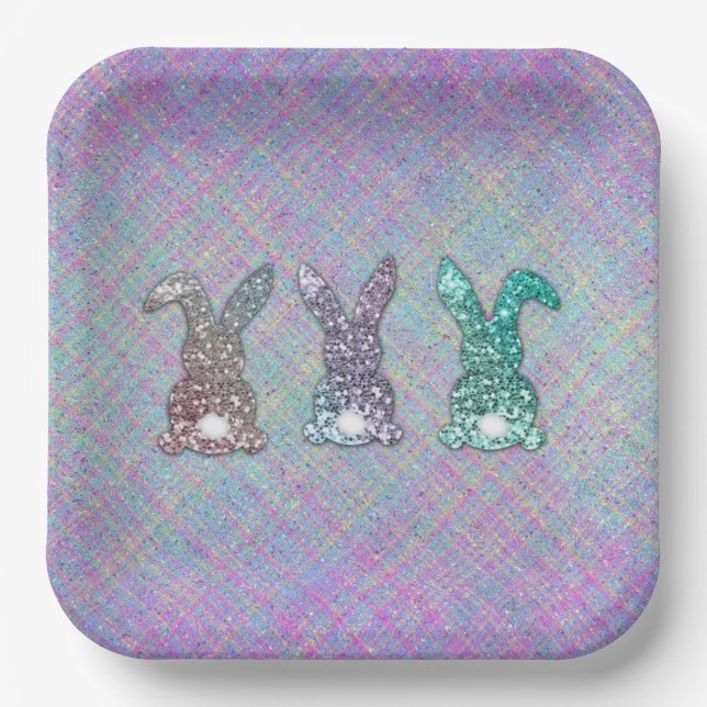 Easter Glitter Pastel Glam Bunnies On Plaid  Paper Plates (Front)