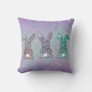 Easter Glitter Pastel Glam Bunnies On Plaid  Throw Pillow