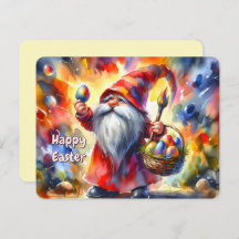 Easter Gnome holding Colorful Egg in Hand -