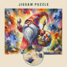 Easter Gnome holding Colorful Egg in Hand -