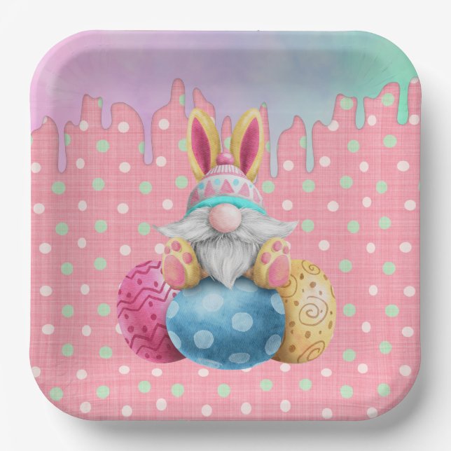 Easter Gnome Polkadot Eggs Icing Drips Paper Plates (Front)