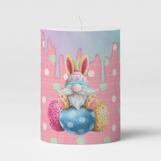 Easter Gnome Polkadot Eggs Icing Drips  Pillar Candle (Front)