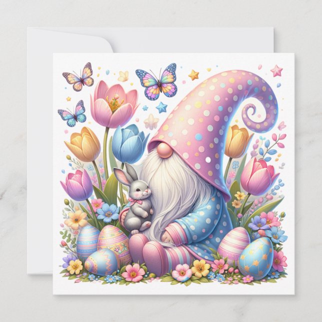 Easter Gnome with Bunny and Spring Flowers  (Front)