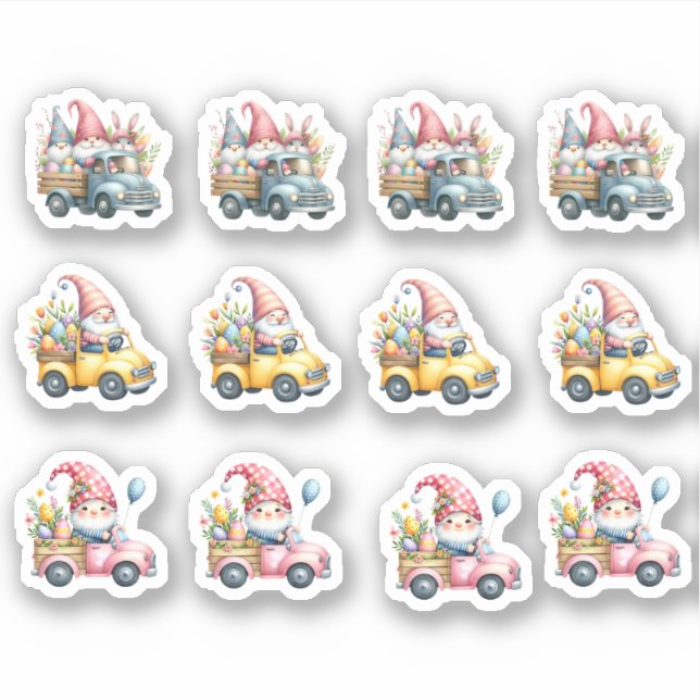 Easter Gnomes Driving Trucks With Goodies Sticker (Front)