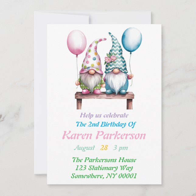 Easter Gnomes in Watercolor Birthday Party Invitation (Front)