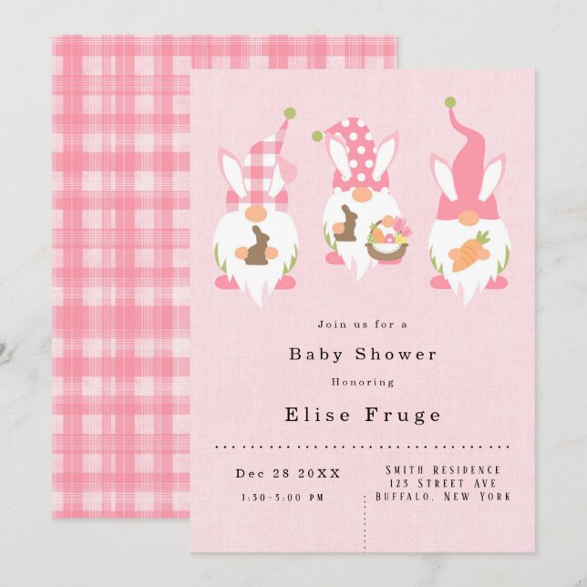 Easter Gnomes Pink Girl Baby Shower Invitation (Front/Back)